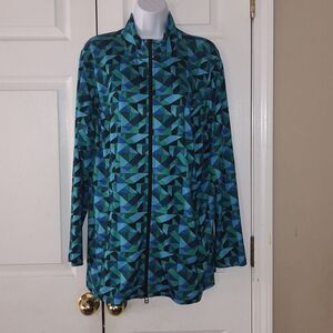 CJ Banks geometric green blue black zip up workout athletic jacket Sz 1X